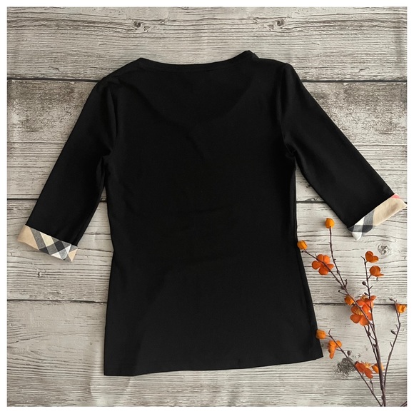 Burberry 3/4 Length Check Cuff Stretch-Cotton Top - Picture 6 of 9